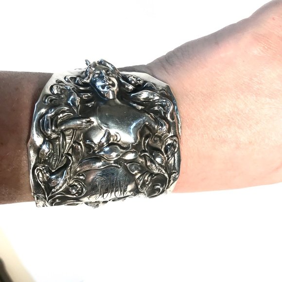 Rare Antique Goddess Sterling Silver Cuff Bracelet Victorian 925 Lady Face Wide - Picture 7 of 11